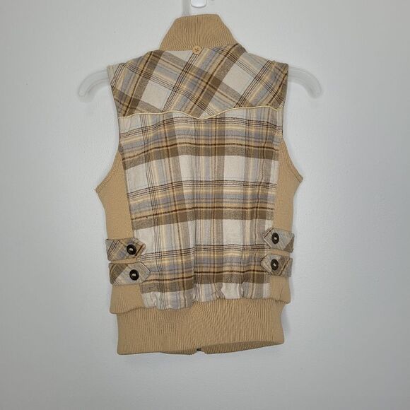 Y2k tan plaid zip front preppy pockets emo form fitting vest size medium - Picture 2 of 8